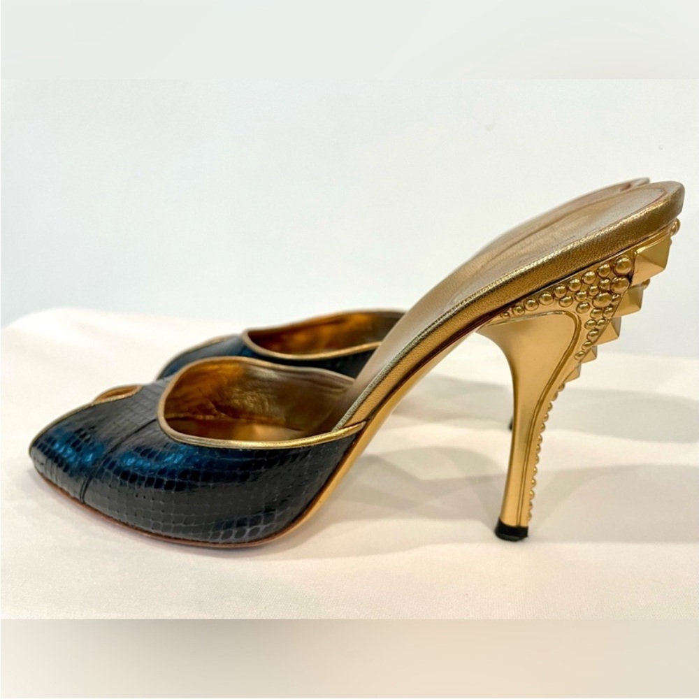 Gucci Rare Tom Ford Runway snakeskin slides, reptilian heel, blk & gold, 7, EUC - Picture 6 of 16
